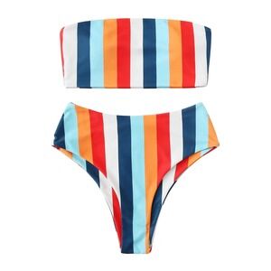 SweatyRocks Womens Striped Bandeau Bikini High‎ Waisted Swimsuit Multi Small NWT